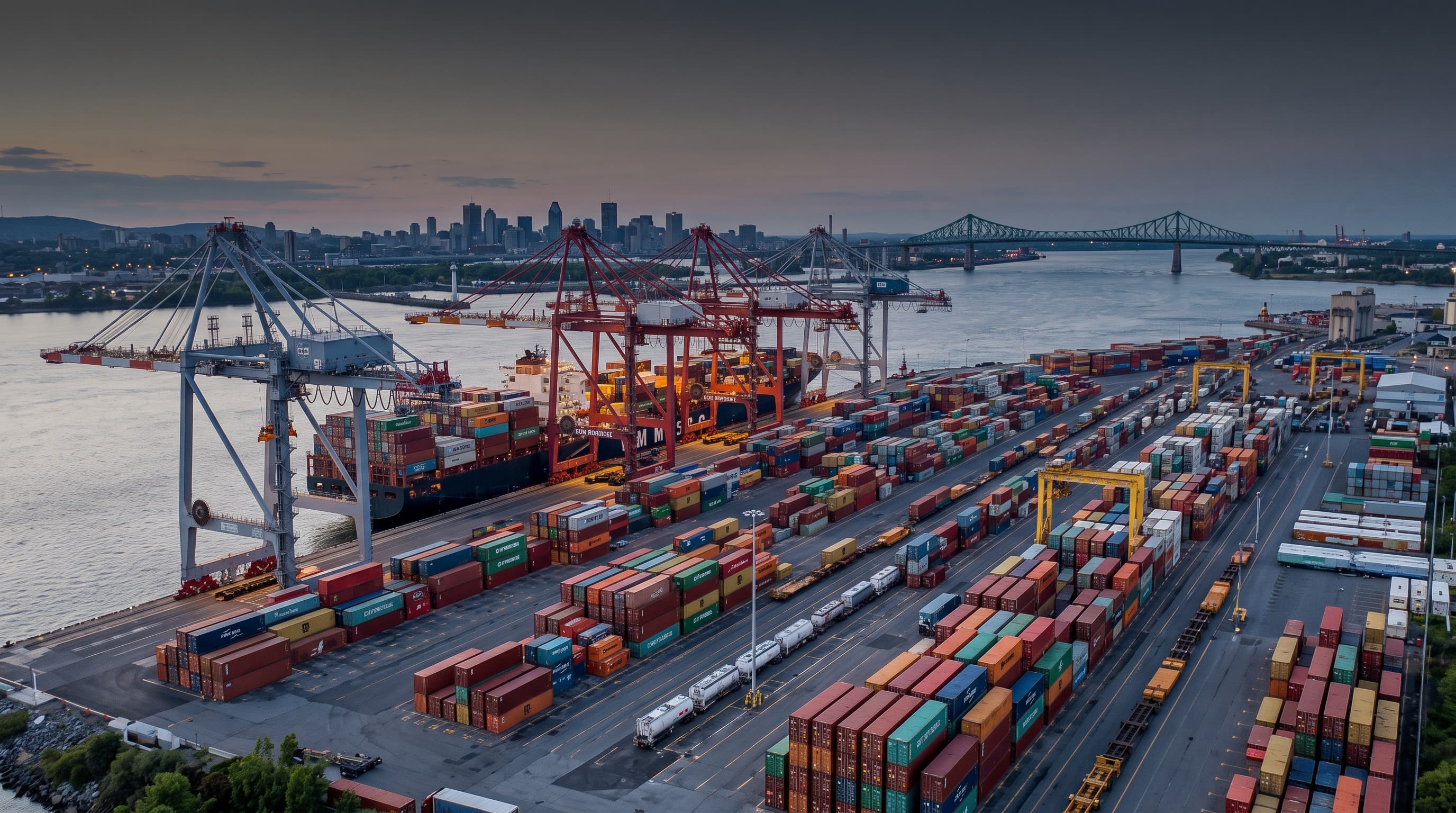 Shipping containers and a cargo vessel at a Canadian port, representing Freightivo's international freight forwarding from Canada