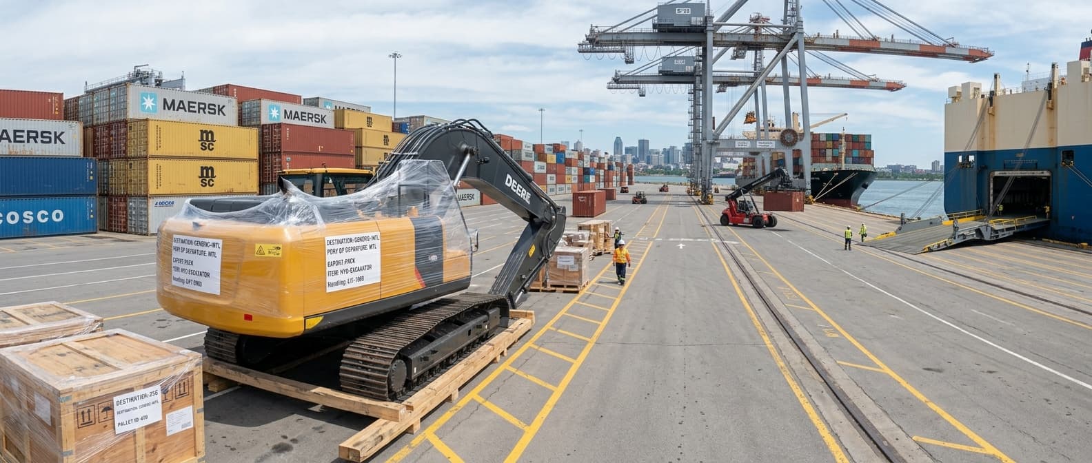 Excavator staged at a container yard for shipment from Canada