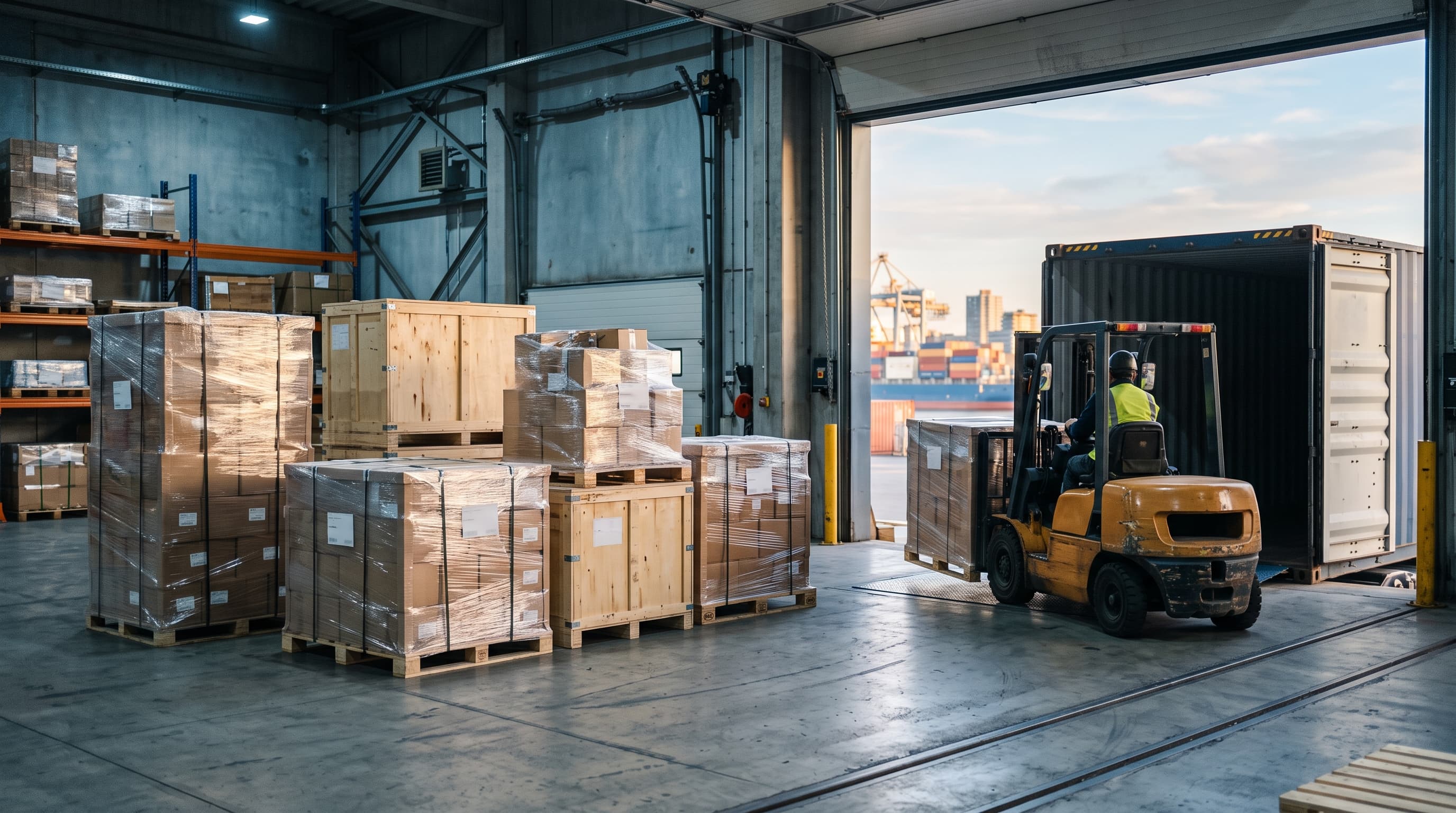Palletized cargo and boxed goods staged for container loading