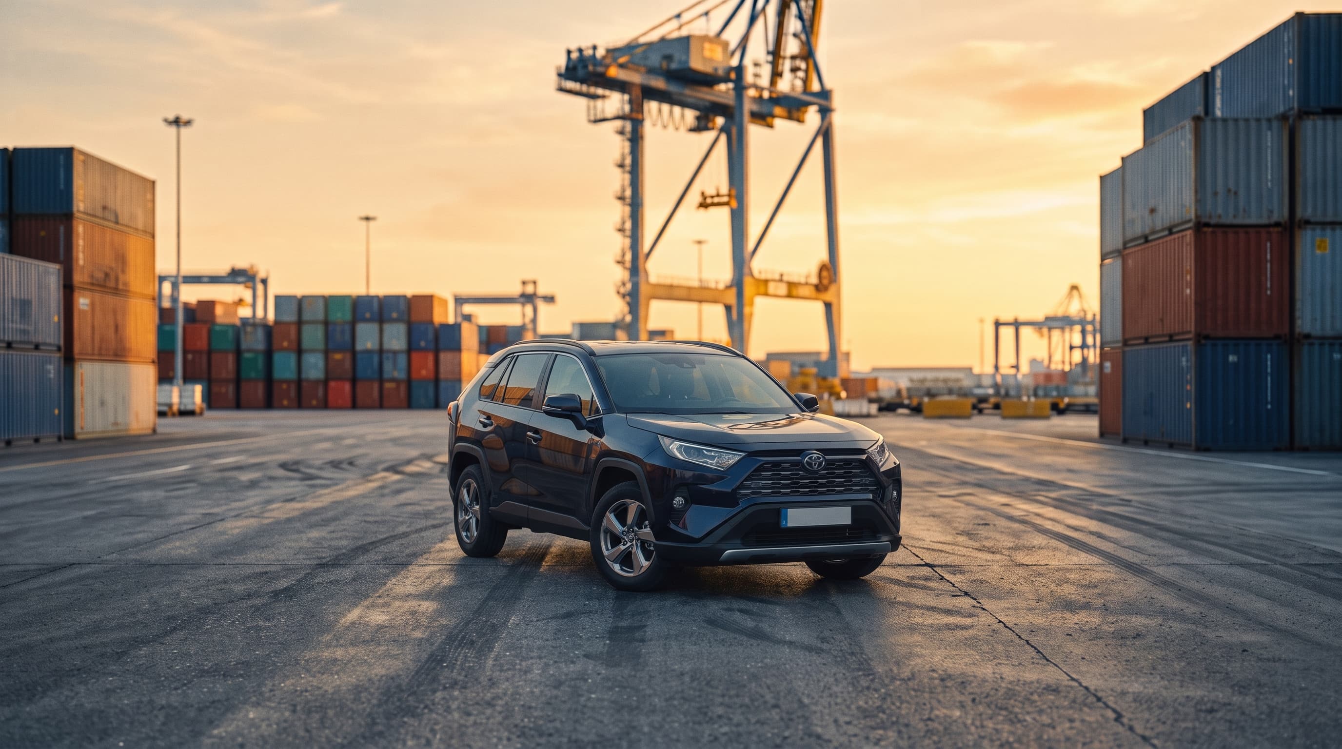 Cars lined up at a Canadian port ahead of container loading for international export